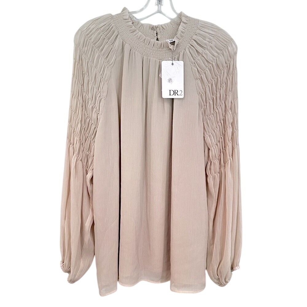 DR2 Daniel Rainn Ruffle Collar Smocked Sleeves Blouse Women's‎ Small Sand NWT